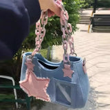 Amozae-Y2K Vintage Shoulder Bag Korean Fashion Underarm Harajuku Star Tote Denim Bag Chain Ladies Bags Zip Purses Handbags Women