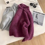 Amozae-Autumn Casual Outfits Amozae-Lapel Knitted Sweater for Women, Colored Wool, Lapel, Sticky Buttons, Purple Polo's Sweater