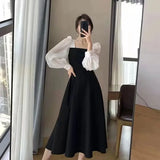 Amozae-2024 Autumn New Elegant Age-reducing Spliced Square Collar Mini Black Dress Vintage Mesh Slimming Dress For Women