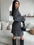 Amozae Knit Ribbed Fashion Dress Female High Waist Loose Vintage Patchwork Elegant Commute Party Dress Knitwear Ladies MIni Dress