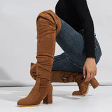 Amozae-Velvet Stretch Over The Knee High Boots Woman 2023 Winter Genuine Leather High Heels Bota Femme Wrinkles Brown Sexy Thigh Boots