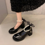 Amozae-Pearls High Heeled Mary Jane Shoes Bow Tie Chunky Heel Sandals Square Toe Black Fashion High Heel Sandals Women's Sandals 2023