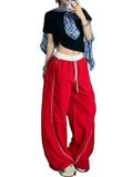 Amozae-Pants High Quality Contrast Color Stitching Drawstring Thin Y2k Women Korean Harajuku Sweatpant Red Blue Loose Wide Leg Trousers