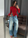 Amozae Ruffled Slim Patchwork Pullover T-shirt Female Patchwork Fashion Autumn 2024 Long Sleeve Casual Y2k Top Women's Solid Tee