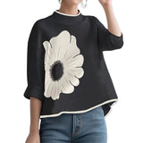 Amozae-Korean Fashion High-Low Flower Printed Mock Neck T-Shirts Spring Summer Black Casual Going Out Tops For Women