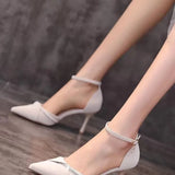 Amozae-Bling Crystal Ankle Strap Pumps for Women Sexy Pointed Toe Thin Heel Party Shoes Ladies Black White Pu Leather High Heels Shoes