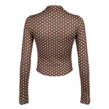 Amozae Dot Print Long Sleeve Women Shirt Fall Casual Elegant Lady Turn-down Collar Blouse Vintage Y2K Slim Crop Top Street