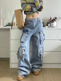 Amozae-Cargo Jeans Multiple Pocket Design New Ladies American Street Style Baggy Cargo Pants Women Blue Wide Leg Jeans For Women