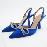 AMOZAE- - Blue Slingback Pumps for Women High Heels with Crystal Bowknot