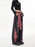 Amozae-American women retro bow tie tied jeans with grid splicing Harajuku Y2k loose casual slimming wide leg pants jeans woman