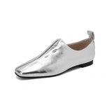 Amozae-Women Flat Shoes Genuine Leather Sheepskin Comfort Flats Slip On Silver Beige Simple Shoes Spring Autumn Soft Loafers Square Toe