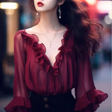 Amozae-High-end European Style Red Chiffon Long Sleeve Sun Protection Shirt For Women 2024 Early Summer French V-neck Ruffle Edge Dress