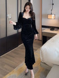 Amozae-Christmas Outfit New Year's Eve Dress party look inspos Women's Black Velvet Mermaid Dress Autumn New Slim Square Collar Lantern Sleeve Party Vestidos Elegant Female Evening Prom Robe