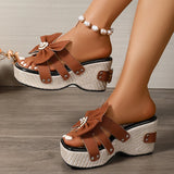 Amozae-Fashion Big Bowknot Chunky Platform Sandals Women Pearl Flower Wedge Heel Slippers Woman Summer Square Toe Thick Bottom Slides