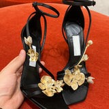 Amozae-Golden Flowers High Heels Women Silk Luxury Designer Sandal Metallic Flower Square Toe Pointed Fine Heel Party Dress Shoes Pumps