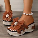 Amozae-Fashion Big Bowknot Chunky Platform Sandals Women Pearl Flower Wedge Heel Slippers Woman Summer Square Toe Thick Bottom Slides