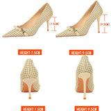 BIGTREE 2024 Spring Women Pumps Pearl Metal Chain High-heels Checked Grain Stilettos Heels Luxury Banquet Shoes 43