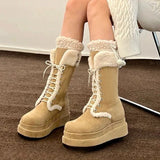 Amozae-New Fashion Women Ankle Boots 2025 Winter Warm Short Plush Lace-up Flat with Outdoors Non-slip Women Snow Boots Botas Mujer