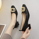 Amozae-2024 Woman Elegant Square Toe Beige Shoes Heel Female Metal Accessories  Shoes Comfortable Cute  Shoes