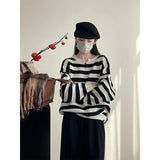 Amozae-Autumn Casual Outfits Amozae-Striped Oversized Button Neck Sweater Fall Winter Casual Women Knit Pullovers