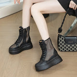 Amozae-Top quality 8.5cm Mesh Breathable Motorcycle Ankle Boots Patent Leather Shoes Ladies Hollow Boots Woman Fashion Sandals Summer