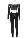 Amozae-Lace Patchwork Sexy Two Piece Sets Women Slash Neck Long Sleeve Hollow Out Crop Top Pencil Pants Sports Suit Night Club Outfit