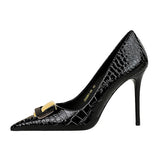 BIGTREE Metal Buckle Serpentine Patent Leather Women Pumps Stilettos High Heels Pointed Toe Party Shoes Zapatos Mujer