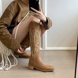 Amozae-Embroidery Women Western Cowgirl Boots Fashion Back Zippers Knight Long Booties Square Heels Autumn Winter Shoes