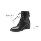 Amozae-New Autumn/Winter Split Leather Women Boots Round Toe Chunky Heels Boots for Women Short Boots Zapatos Mujer Lace High Heels