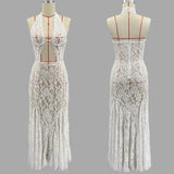 Amozae-Sexy Lace See Through Hollow Out Maxi Dress Womens Elegant Summer White Holiday Beachwear Backless Slim Halter Neck Dress