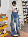 Amozae-Women Blue Graffiti Overalls Jeans Hip Hop Streetwear High Waist American Wide Leg Pants Fashion Female Winter Straight Trousers