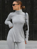 Amozae Female Autumn 2 Piece-Set Flared Trousers Female Slim Long Sleeve Turtleneck Pullover And High Waist Women's Pants Sets