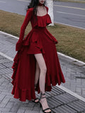 Amozae-new years eve outfits Christmas party outfits Autumn Red Vintage Elegant Dress Women Flare Sleeve Designer Sweet Long Dress Female Ruffles Retro Princess Irregular Dress 2024