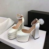 Amozae-2025 Women'S High Chunky Platform Closed Toe Block Heels Square Toe Ankle Strap Dress Wedding Party Prom Pumps Shoes