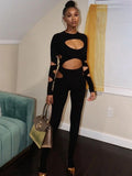 Amozae-Sexy Hollow Out Black Jumpsuit Women O-neck Long Sleeve Holes Backless One Piece Bodysuit Night Club Outfit Female Streetwear