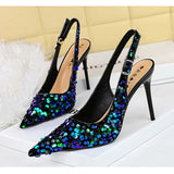 BIGTREE Spring Fashion Sequined Cloth Woman Pumps Pointed Toe Thin Heels Hollow Buckle Strap Wedding Party Elegant Ladies Shoes