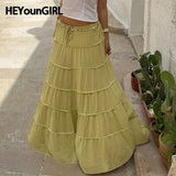 Amozae Bohemian Frill A-line Skirt Lady Elegant Loose Aesthetic Vintage Green Flowy Skirt Vacation Outfits Fashion Street