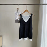 Amozae-Spring Summer Casual Outfits Fake Two-piece Knit Tank Tops For Women, 25 Summer V-neck Shoulder Top
