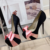 Amozae- Fashion Design Bowknot Round Toe Platform Pumps Women Wedding Banquet Shoes Sexy Stripper Pole Dance High Heels Black Pink