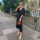 Amozae Maxi Summer Puff Sleeve Holiday Dress Black Square Neck Party Dresses Casual A Line Women Dress 2023