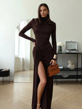 Amozae-new years eve outfits Christmas party outfits Elegant Turtleneck Thigh High Split Sexy Maxi Dress Women Fashion Long Sleeve Draped Robes Autumn Bandage Bodycon Party Dresses