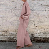 Amozae-Harajuku Vintage Solid Cotton Linen Women Sets Simple Casual V-neck Top Pullover & Wide Leg Pants Outfits Spring Fall Loose Suit