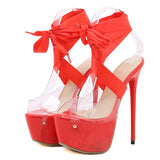 Amozae Sexy Red Thigh High Lace-Up Platform Sandals Women 16.5 CM Transparent Shoes Stiletto Peep Toe Nightclub Stripper Heels