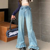 Amozae-Flare Jeans Ruffles High Waist Women Baggy Washed Vintage Harajuku Streetwear Retro Denim Floor Mopping Pants