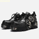 Amozae-Retro Rock Dark Black Punk Leather Shoes 2025 New Platform Metal Stitching Unisex Shoes Low-Top Height-Enhancing Big-Head Shoes