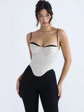 Suninheart Thick Satin Bustier Corset Crop Top with Chest Pads Spaghetti Strap White Bodycon Top Summer Women Tops with Fishbone