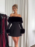 Amozae-new years eve outfits Christmas party outfits Women Black Fluffy Faux Fur Backless Mini Dress Fashion Strapless High A-neck Slim Dresses 2024 New Lady Party Gown Vestidos