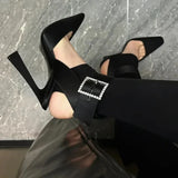 Amozae-2024 Water Diamond Square Buckle Fine Heel Black Silk High Heel Women's Head Single Shoe