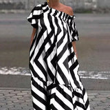 Amozae-Floor Length Loose Dress for Women Black and White Cold Shoulder Puff Sleeve Maxi Dress Spliced Pleated Striped Dress