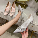 Amozae-Rhinestone Satin Pointed Toe Pumps Women Fashion Elegant High Heels Women Stiletto Heel Luxury Crystal Shine Wedding Dress Shoes